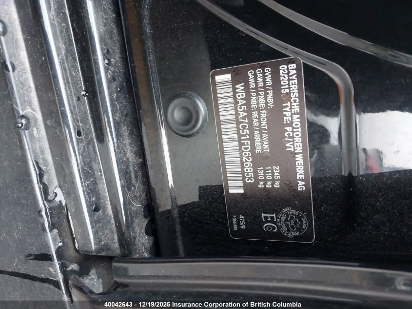 2015 BMW 528I VIN: WBA5A7C51FD626853 Lot: 40042643