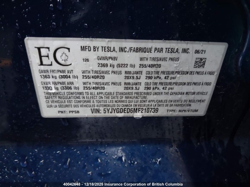 2021 Tesla Model Y VIN: 5YJYGDED6MF210739 Lot: 40042648