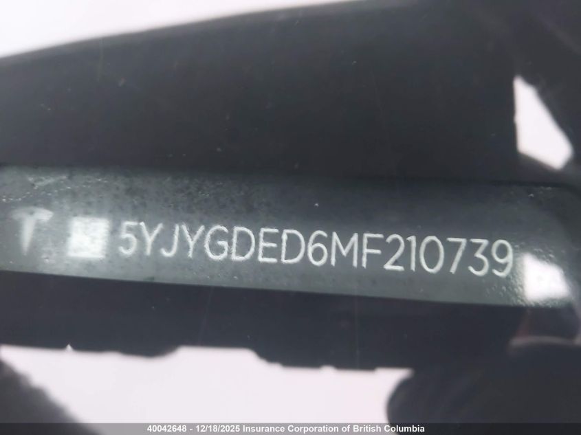 2021 Tesla Model Y VIN: 5YJYGDED6MF210739 Lot: 40042648