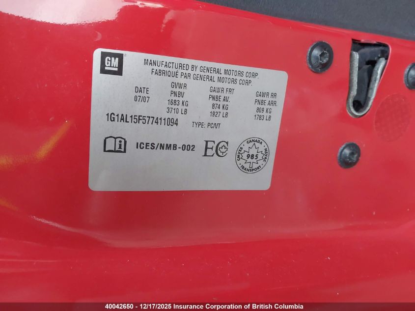 2007 Chevrolet Cobalt Lt VIN: 1G1AL15F577411094 Lot: 40042650