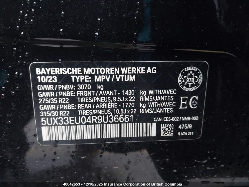 2024 BMW X5 VIN: 5UX33EU04R9U36661 Lot: 40042653