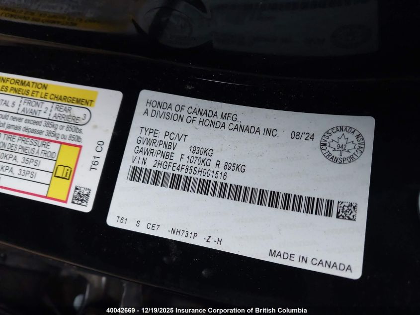 2025 Honda Civic VIN: 2HGFE4F85SH001516 Lot: 40042669