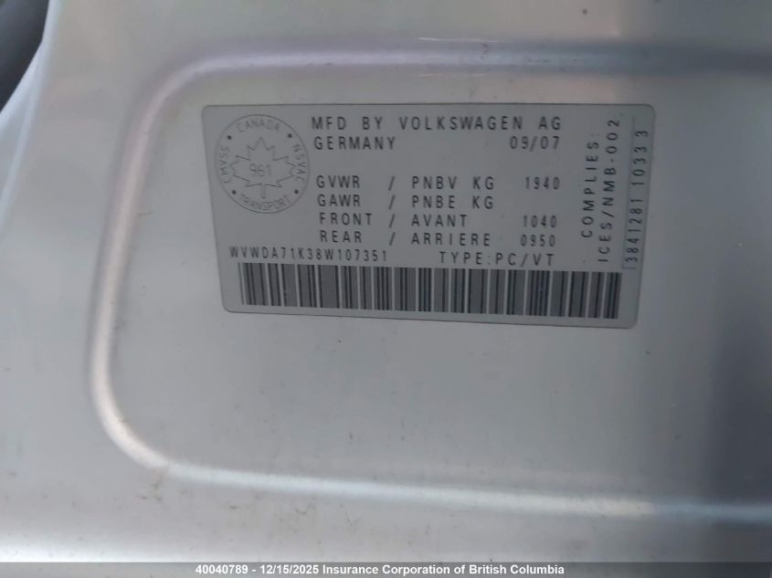 2008 Volkswagen Rabbit VIN: WVWDA71K38W107351 Lot: 40040789