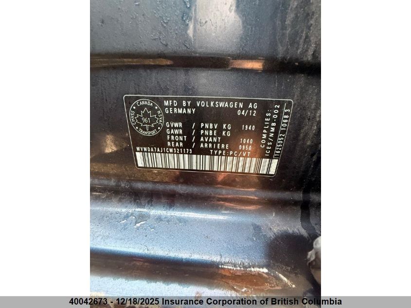 2012 Volkswagen Golf VIN: WVWDA7AJ1CW321173 Lot: 40042673