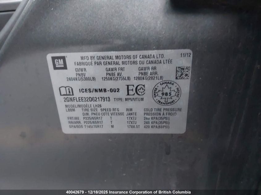 2013 Chevrolet Equinox Lt VIN: 2GNFLEE32D6217913 Lot: 40042679