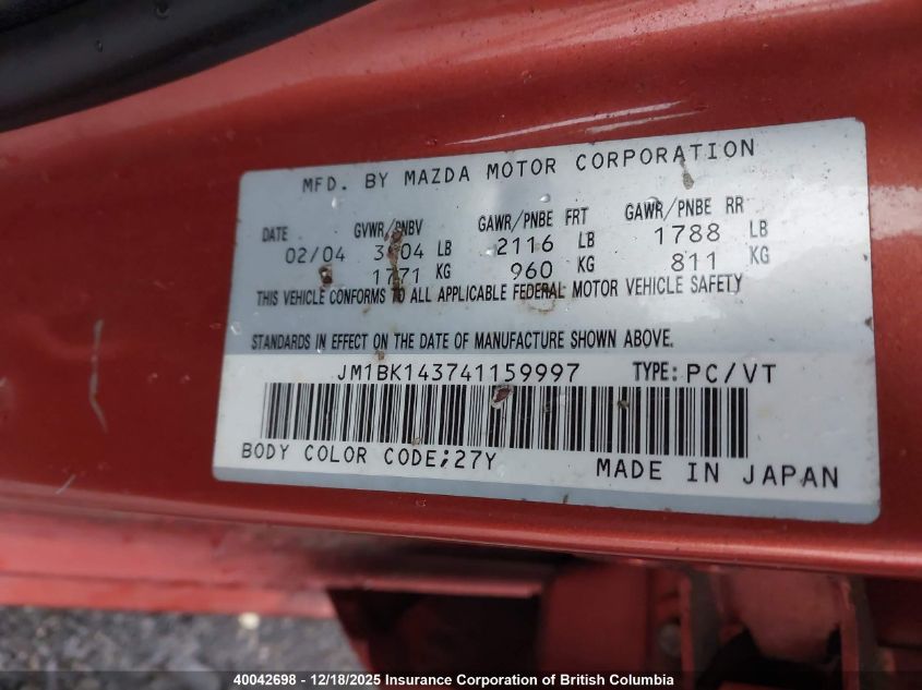 2004 Mazda 3 Hatchback VIN: JM1BK143741159997 Lot: 40042698