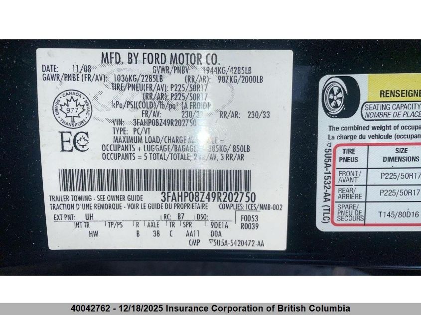 2009 Ford Fusion Sel VIN: 3FAHP08Z49R202750 Lot: 40042762