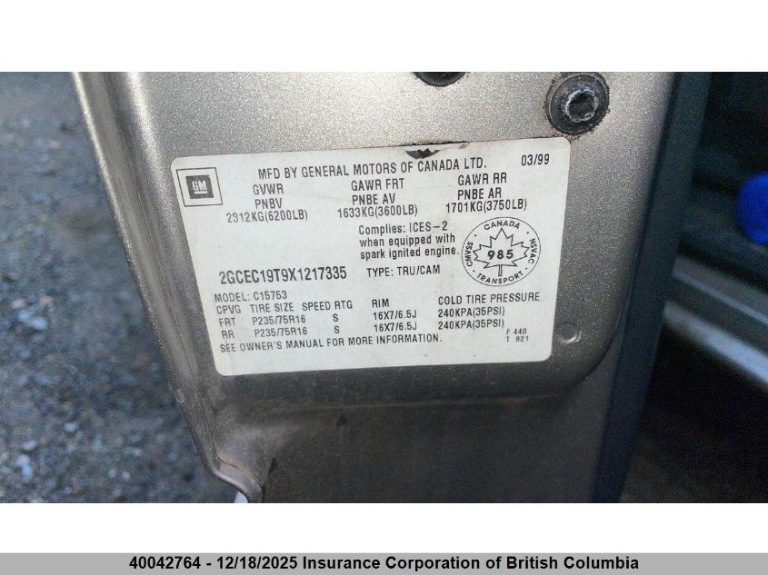 1999 Chevrolet Silverado C1500 VIN: 2GCEC19T9X1217335 Lot: 40042764