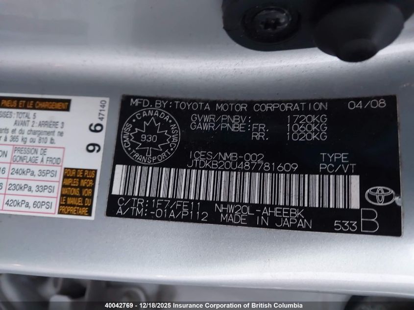 2008 Toyota Prius VIN: JTDKB20U487781609 Lot: 40042769