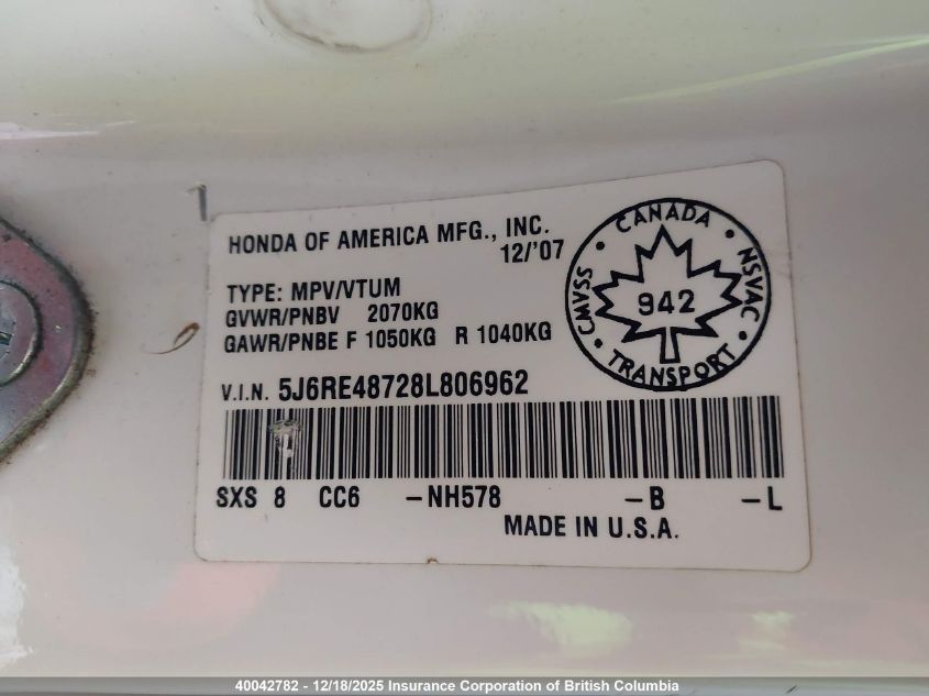 2008 Honda Cr-V VIN: 5J6RE48728L806962 Lot: 40042782