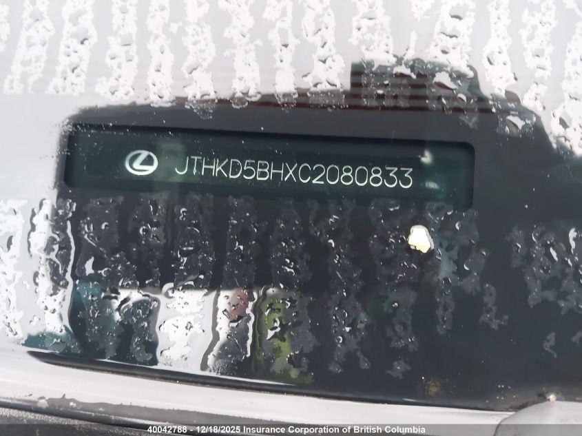2012 Lexus Ct 200 VIN: JTHKD5BHXC2080833 Lot: 40042788