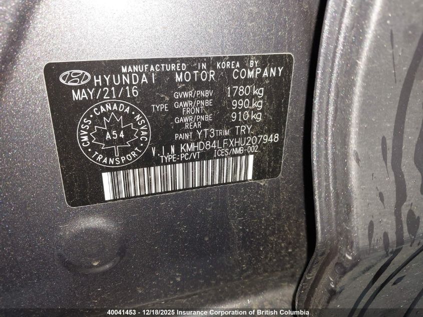 2017 Hyundai Elantra Se/Value/Limited VIN: KMHD84LFXHU207948 Lot: 40041453