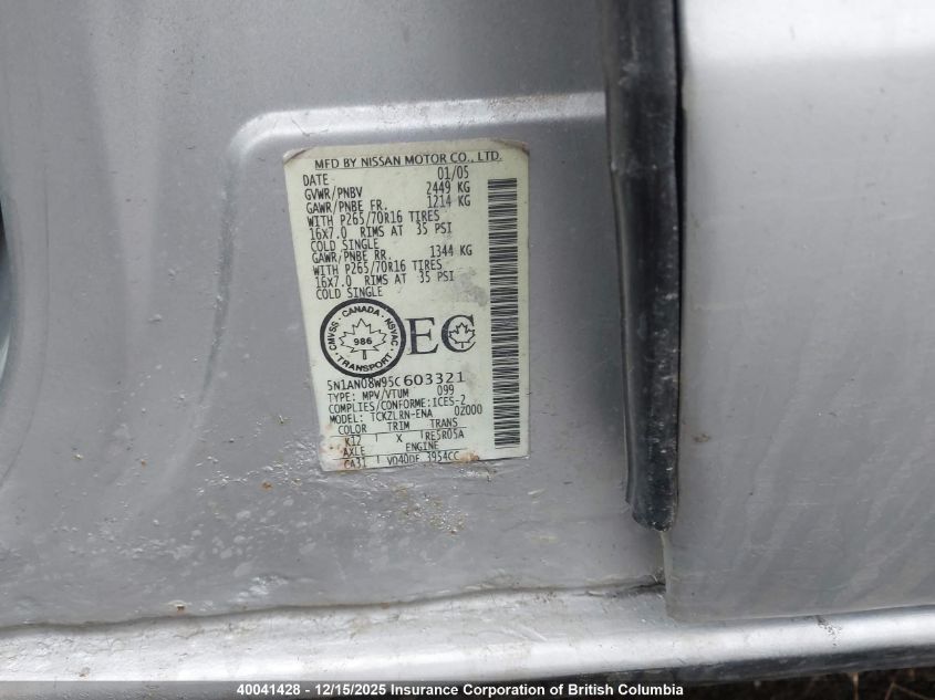 2005 Nissan Xterra Off Road/S/Se VIN: 5N1AN08W95C603321 Lot: 40041428