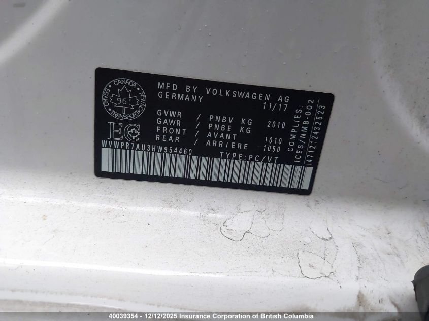 2017 Volkswagen E-Golf Sel Premium VIN: WVWPR7AU3HW954460 Lot: 40039354