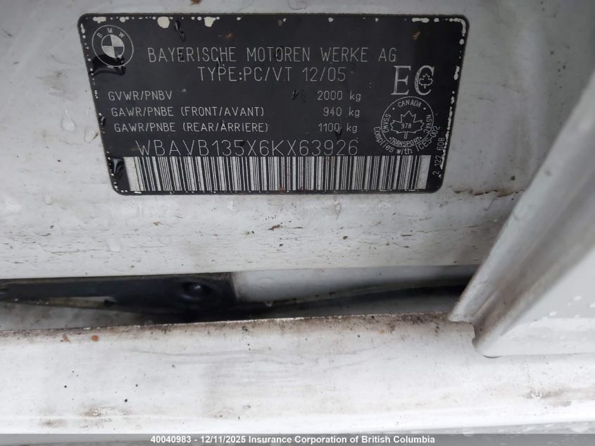 2006 BMW 325 I VIN: WBAVB135X6KX63926 Lot: 40040983
