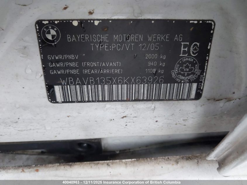 2006 BMW 325 I VIN: WBAVB135X6KX63926 Lot: 40040983