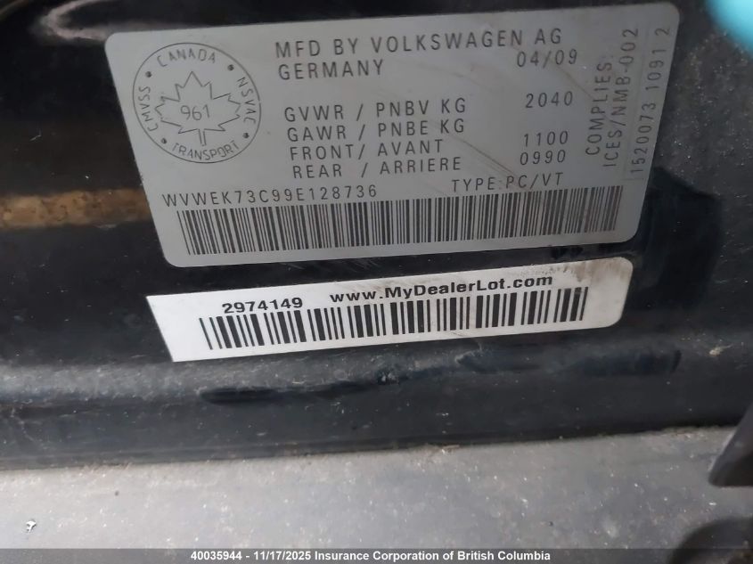 2009 Volkswagen Passat VIN: WVWEK73C99E128736 Lot: 40035944
