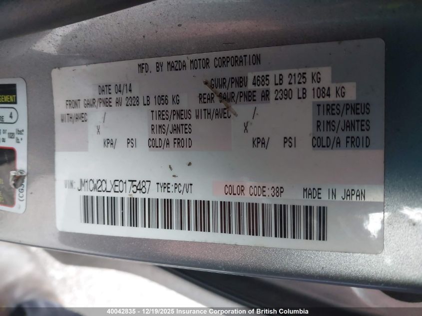 2014 Mazda 5 Touring VIN: JM1CW2CLXE0175487 Lot: 40042835