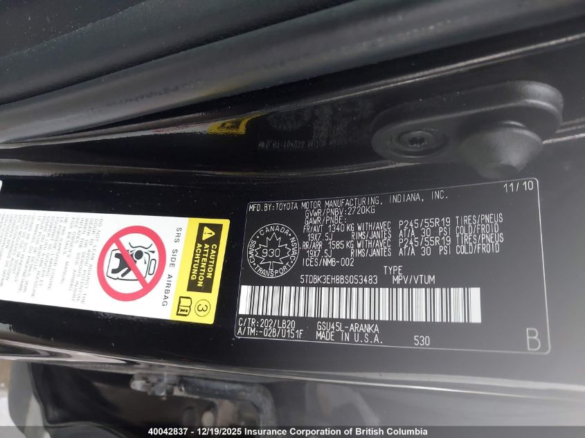 2011 Toyota Highlander Se VIN: 5TDBK3EH8BS053483 Lot: 40042837