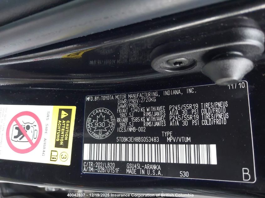 2011 Toyota Highlander Se VIN: 5TDBK3EH8BS053483 Lot: 40042837