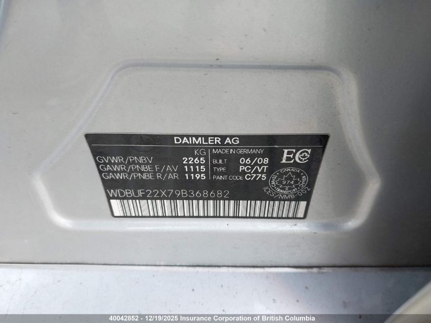 2009 Mercedes-Benz E 320 Cdi VIN: WDBUF22X79B368682 Lot: 40042852