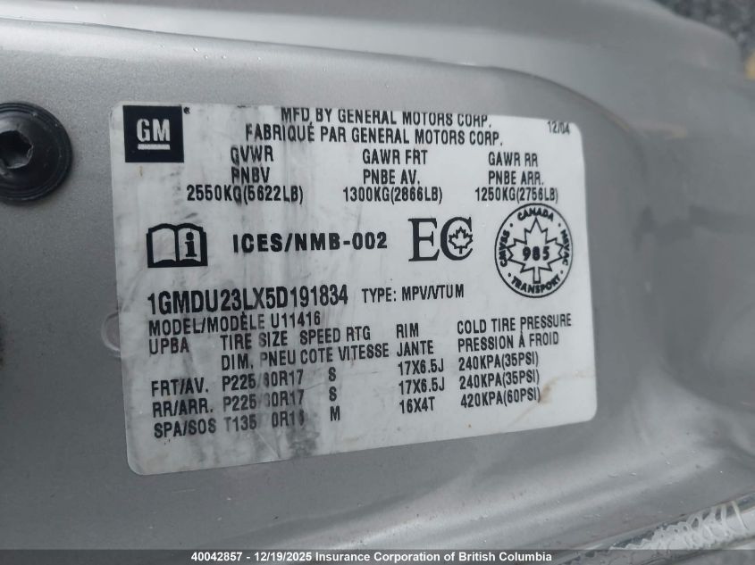 2005 Pontiac Montana Sv6 VIN: 1GMDU23LX5D191834 Lot: 40042857