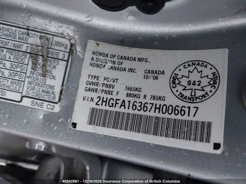 2007 Honda Civic VIN: 2HGFA16367H006617 Lot: 40042861