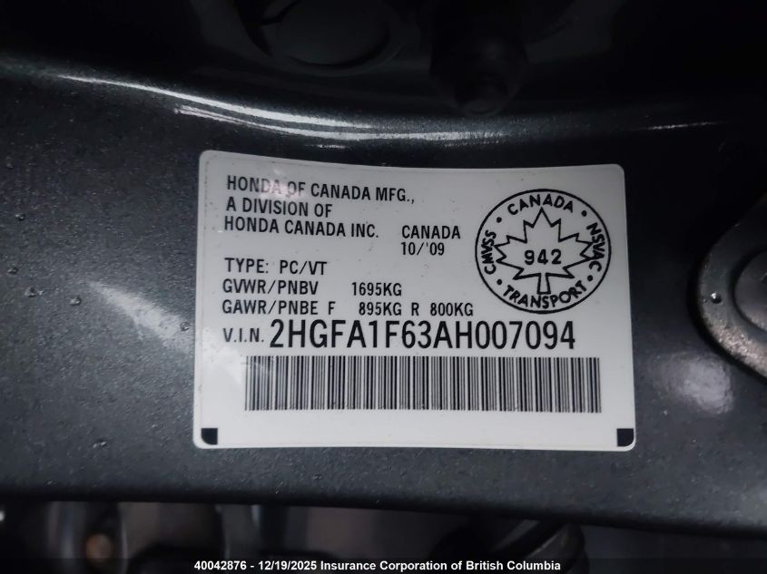 2010 Honda Civic VIN: 2HGFA1F63AH007094 Lot: 40042876