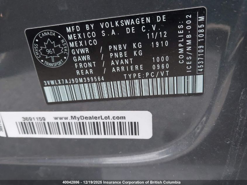 2013 Volkswagen Jetta VIN: 3VWLX7AJ9DM399564 Lot: 40042886