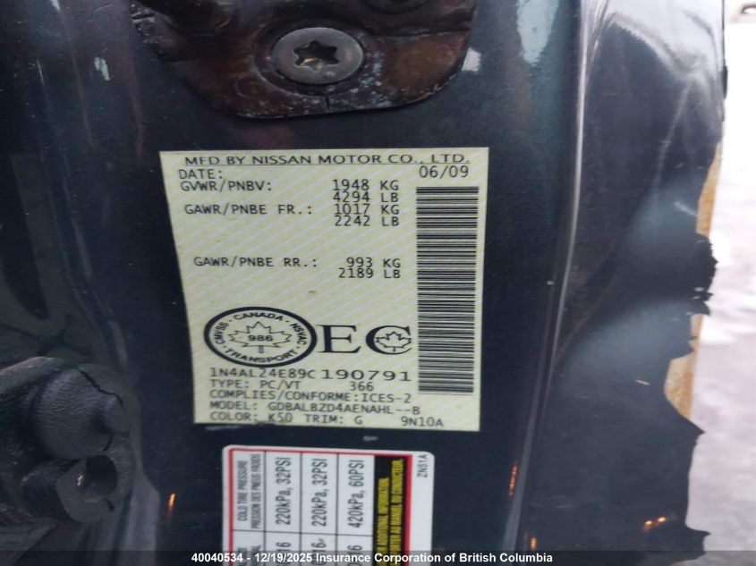 2009 Nissan Altima 2.5S VIN: 1N4AL24E89C190791 Lot: 40040534