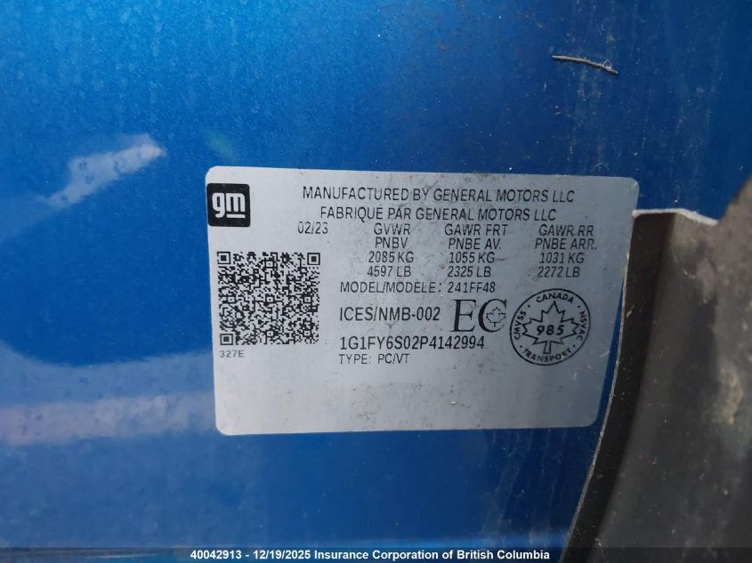 2023 Chevrolet Bolt Euv Lt VIN: 1G1FY6S02P4142994 Lot: 40042913