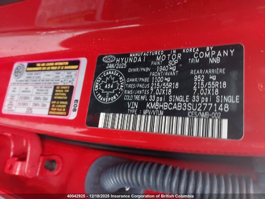 2025 Hyundai Kona VIN: KM8HBCAB3SU277148 Lot: 40042925