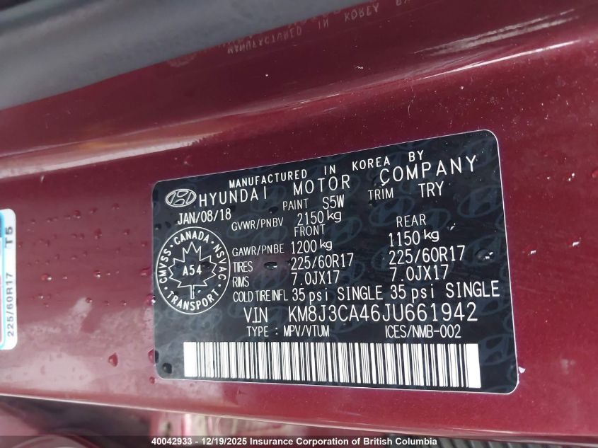 2018 Hyundai Tucson Limited/Sport And Eco/Se VIN: KM8J3CA46JU661942 Lot: 40042933