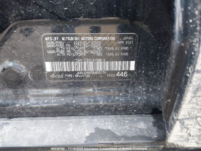 2021 Mitsubishi Rvr Se/Sel/Le/Gt VIN: JA4AJVAW7MU605174 Lot: 40036769