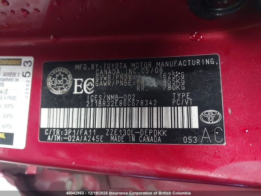 2006 Toyota Corolla Ce/Le/S VIN: 2T1BR32E86C678342 Lot: 40042953