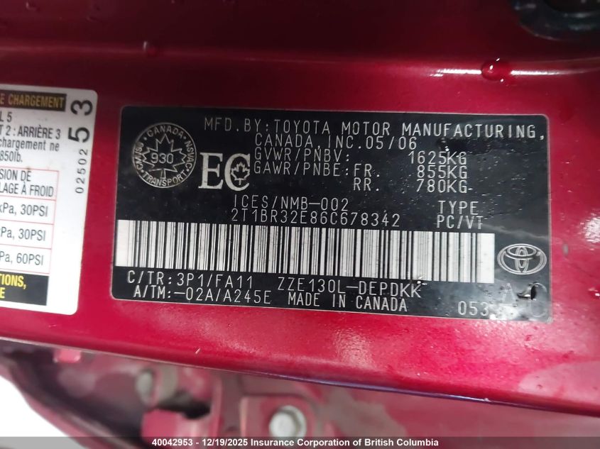 2006 Toyota Corolla Ce/Le/S VIN: 2T1BR32E86C678342 Lot: 40042953