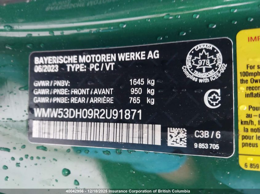 2024 Mini 3 Door Cooper S VIN: WMW53DH09R2U91871 Lot: 40042956