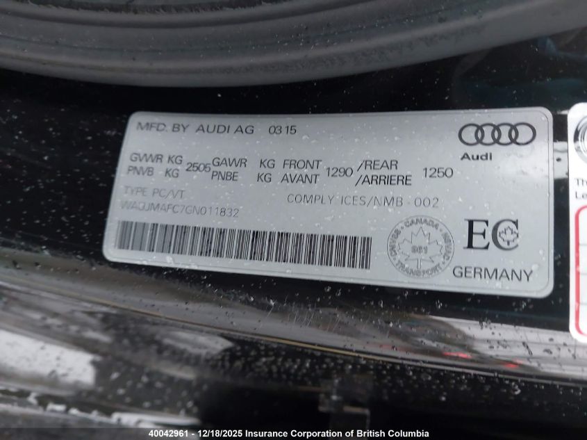 2016 Audi A6 VIN: WAUJMAFC7GN011832 Lot: 40042961