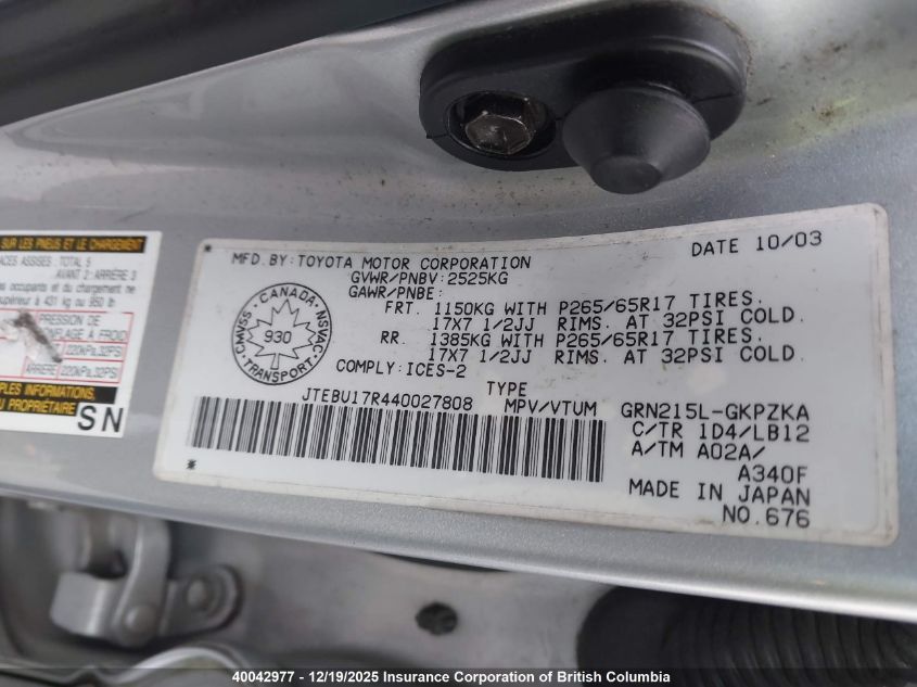 2004 Toyota 4Runner Limited VIN: JTEBU17R440027808 Lot: 40042977