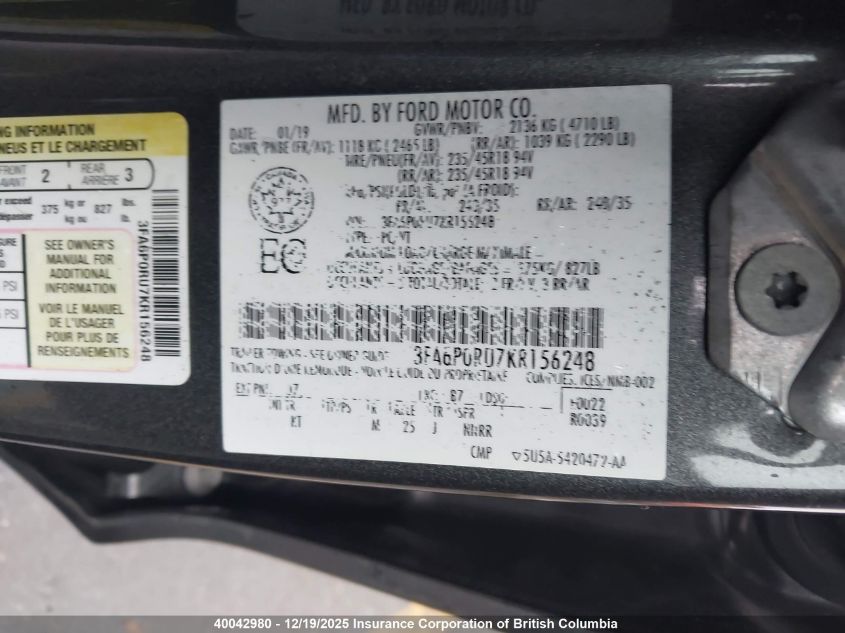 2019 Ford Fusion Titanium VIN: 3FA6P0RU7KR156248 Lot: 40042980