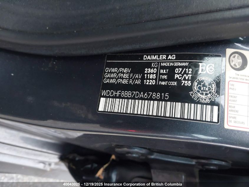 2013 Mercedes-Benz E 300 4Matic VIN: WDDHF8BB7DA678815 Lot: 40043025