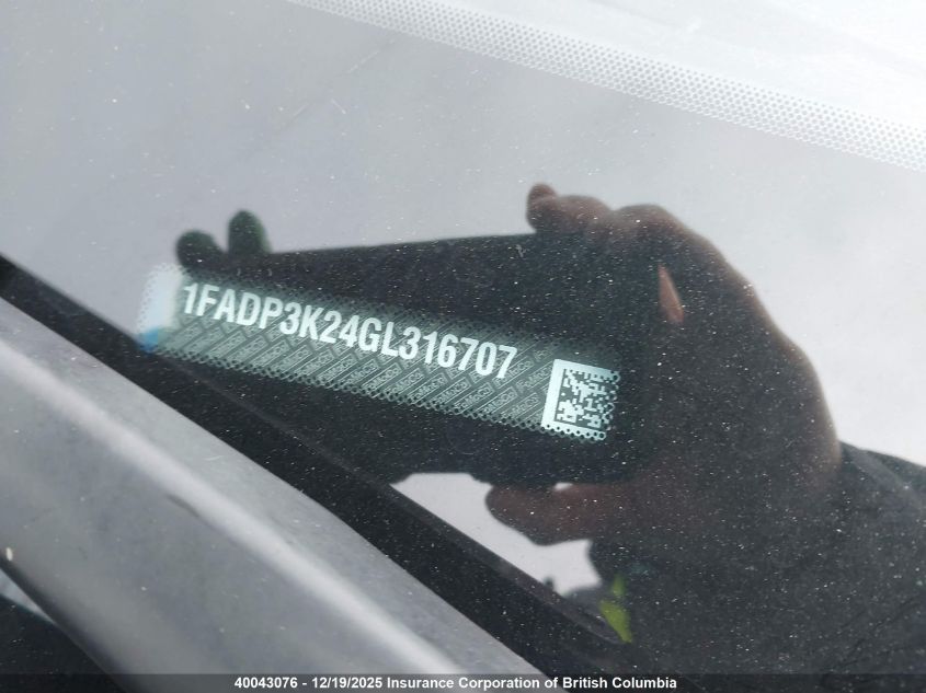 2016 Ford Focus VIN: 1FADP3K24GL316707 Lot: 40043076