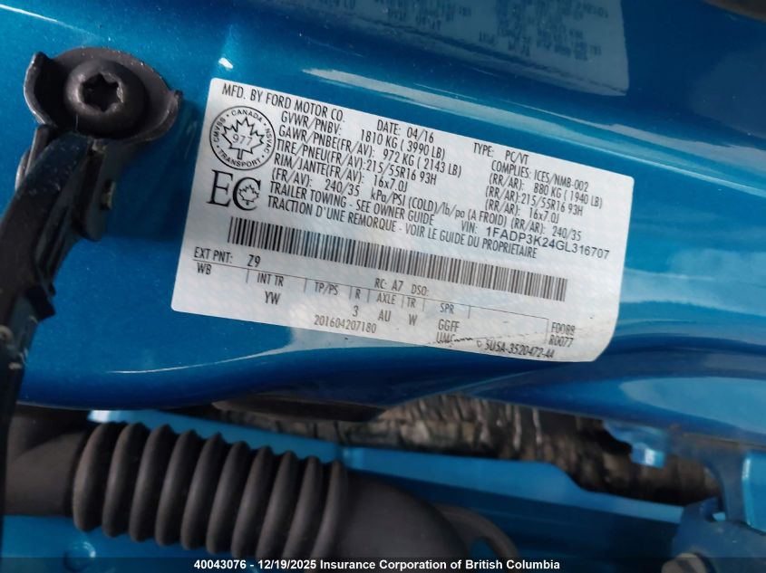 2016 Ford Focus VIN: 1FADP3K24GL316707 Lot: 40043076