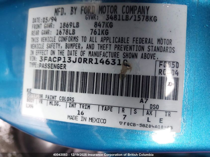 1994 Ford Escort Lx/Sport VIN: 3FACP13J0RR146310 Lot: 40043083