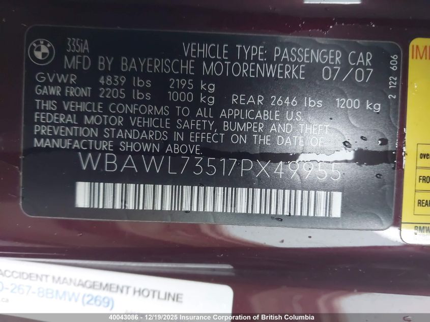 2007 BMW 3-Series VIN: WBAWL73517PX49955 Lot: 40043086