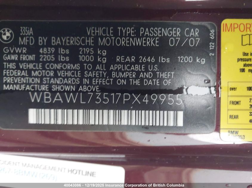 2007 BMW 3-Series VIN: WBAWL73517PX49955 Lot: 40043086