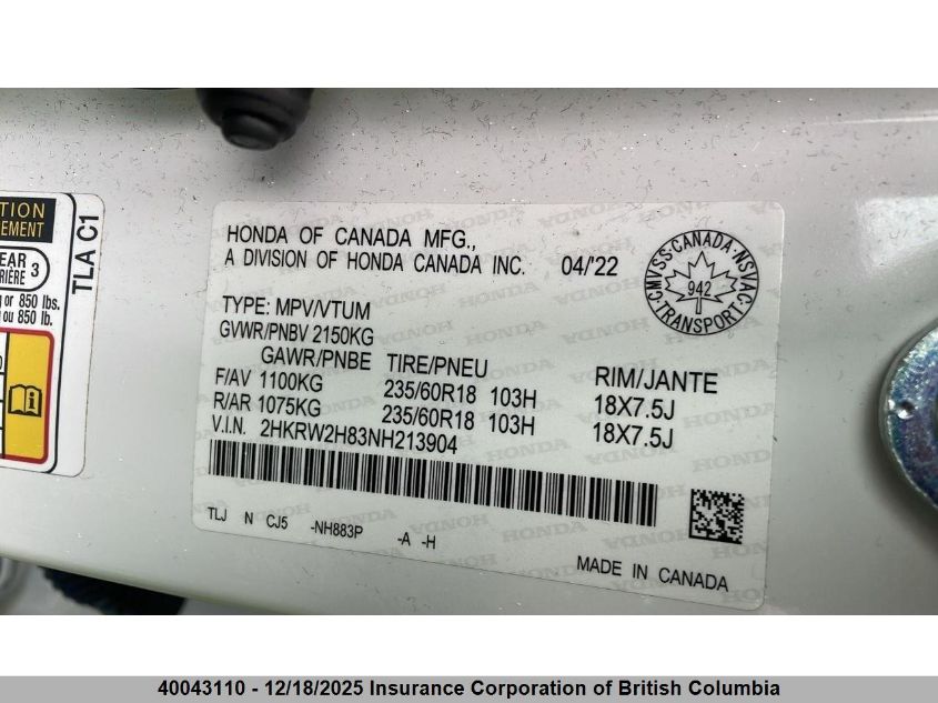 2022 Honda Cr-V VIN: 2HKRW2H83NH213904 Lot: 40043110