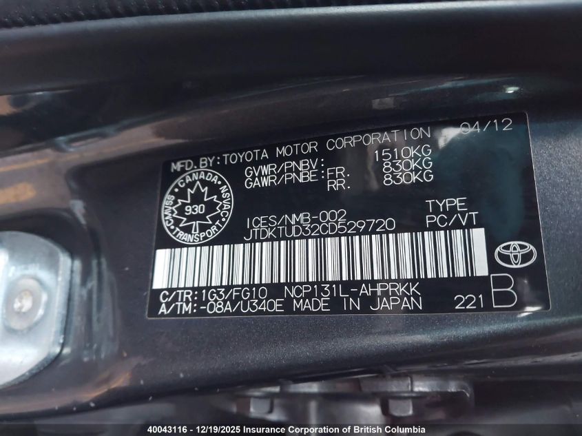 2012 Toyota Yaris VIN: JTDKTUD32CD529720 Lot: 40043116