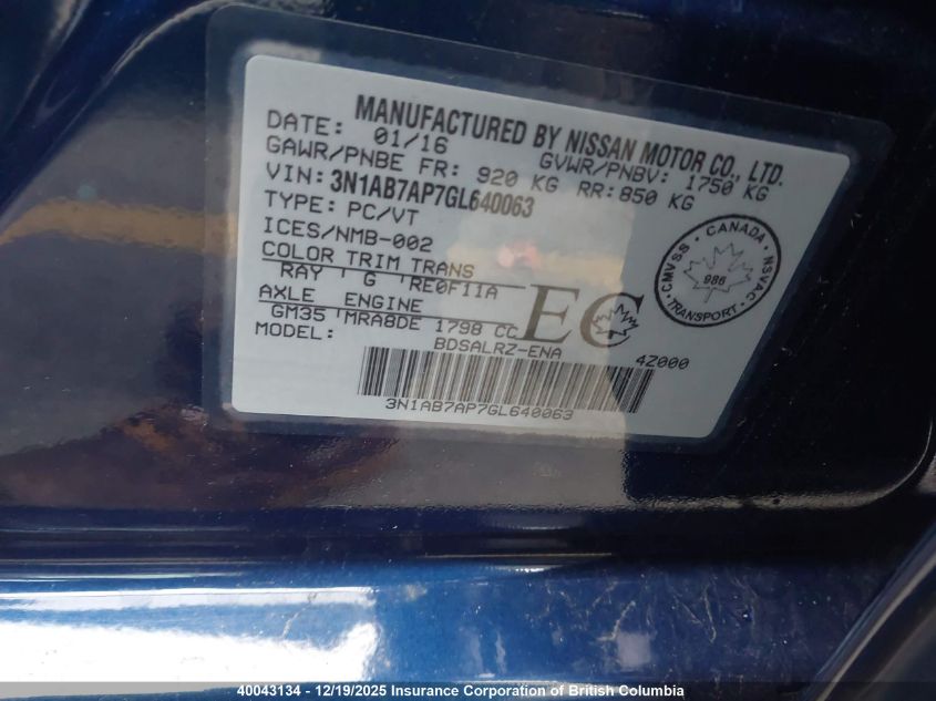 2016 Nissan Sentra S/Sv/Sr/Sl VIN: 3N1AB7AP7GL640063 Lot: 40043134