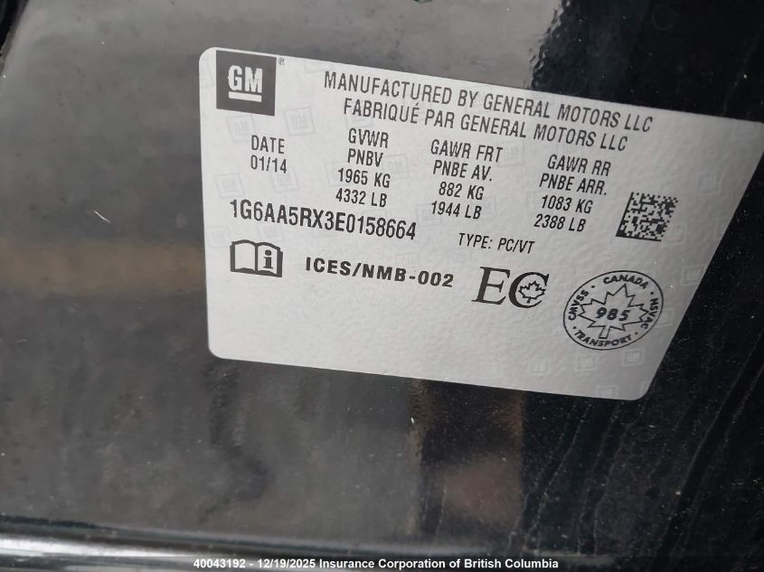 2014 Cadillac Ats VIN: 1G6AA5RX3E0158664 Lot: 40043192